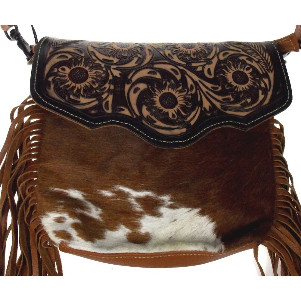 Myra Bag Brown Blossom Hand Tooled Leather Hairon Handbag Eco Friendly Up Cycled